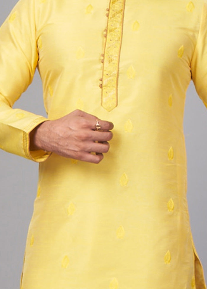 2 Pc Yellow Dupion Silk Kurta Pajama Set