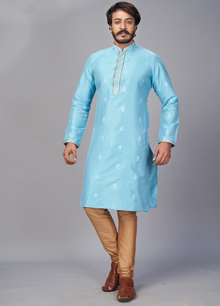 2 Pc Sky Blue Dupion Silk Kurta Pajama Set