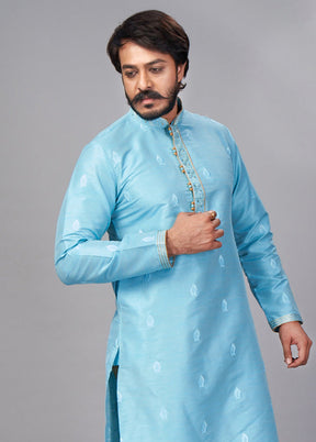 2 Pc Sky Blue Dupion Silk Kurta Pajama Set