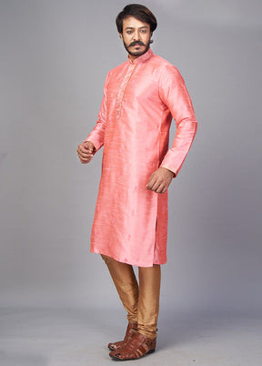 2 Pc Peach Dupion Silk Kurta Pajama Set