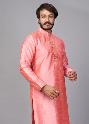 2 Pc Peach Dupion Silk Kurta Pajama Set