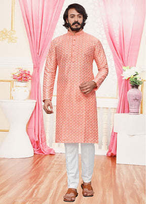 2 Pc Pink Dupion Silk Kurta Pajama Set