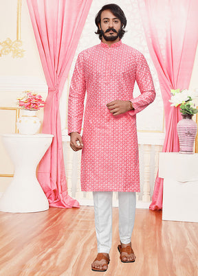 2 Pc Pink Dupion Silk Kurta Pajama Set