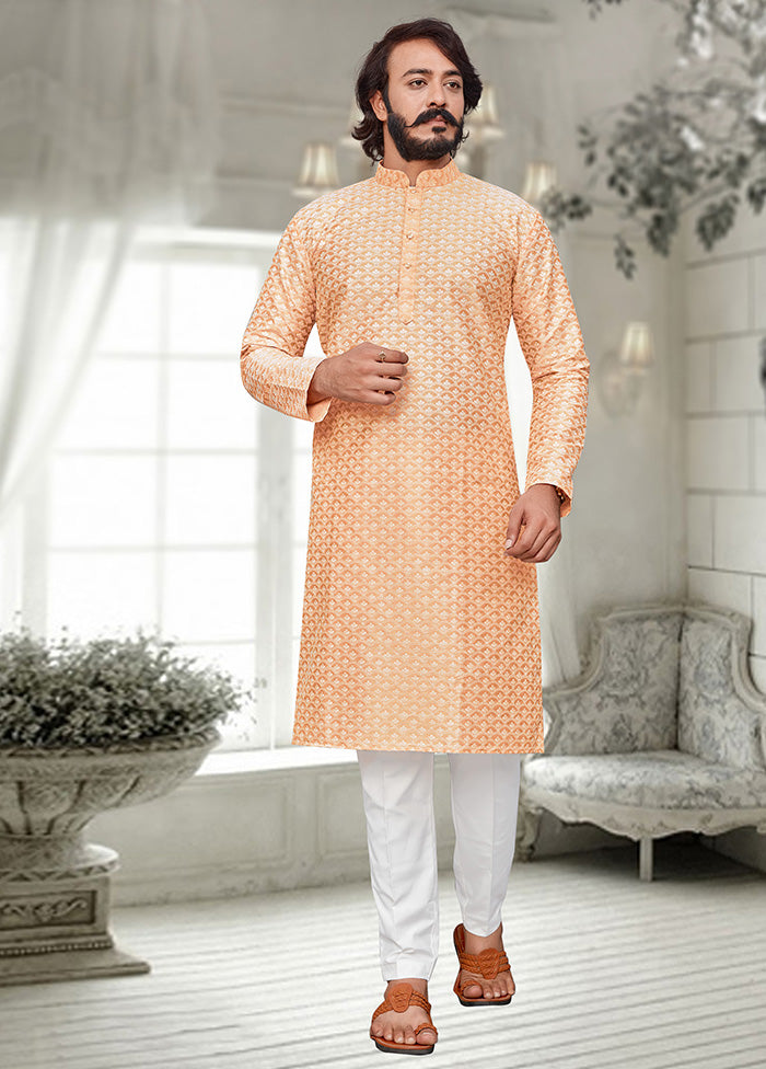 2 Pc Light Yellow Dupion Silk Kurta Pajama Set