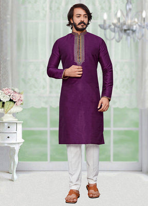 2 Pc Purple Dupion Silk Kurta Pajama Set