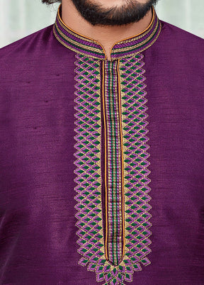 2 Pc Purple Dupion Silk Kurta Pajama Set