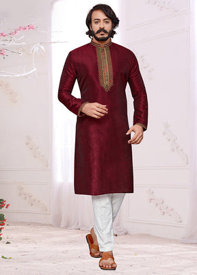 2 Pc Maroon Dupion Silk Kurta Pajama Set