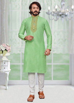 2 Pc Light Green Dupion Silk Kurta Pajama Set