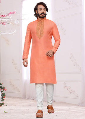 2 Pc Peach Dupion Silk Kurta Pajama Set