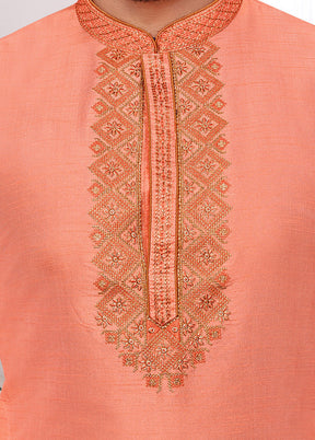 2 Pc Peach Dupion Silk Kurta Pajama Set