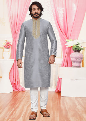 2 Pc Grey Dupion Silk Kurta Pajama Set