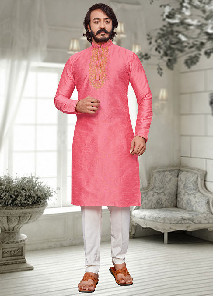 2 Pc Pink Dupion Silk Kurta Pajama Set