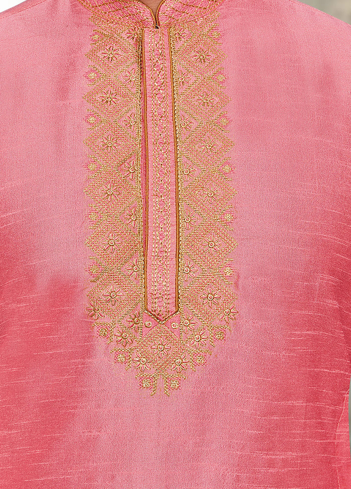 2 Pc Pink Dupion Silk Kurta Pajama Set