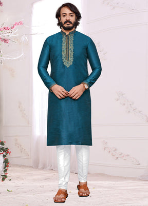 2 Pc Teal Blue Dupion Silk Kurta Pajama Set