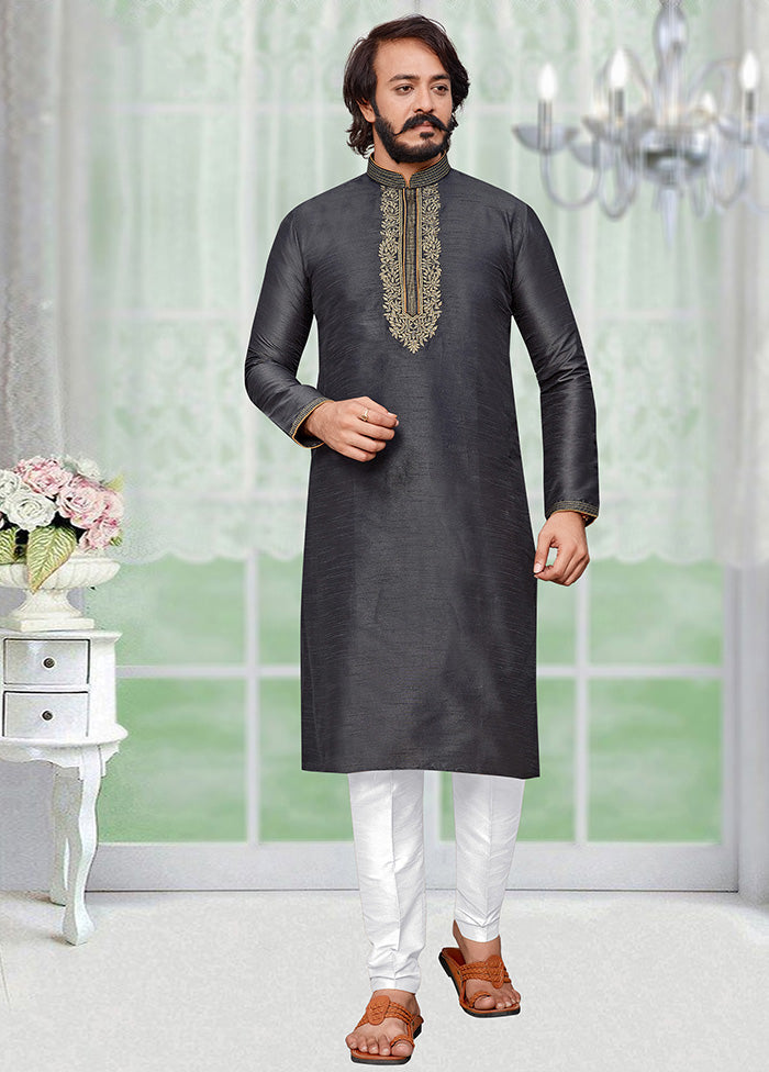 2 Pc Dark Grey Dupion Silk Kurta Pajama Set