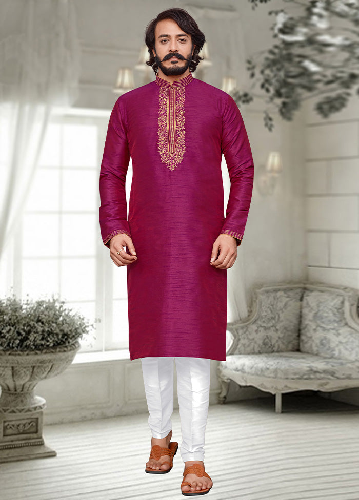 2 Pc Magenta Dupion Silk Kurta Pajama Set