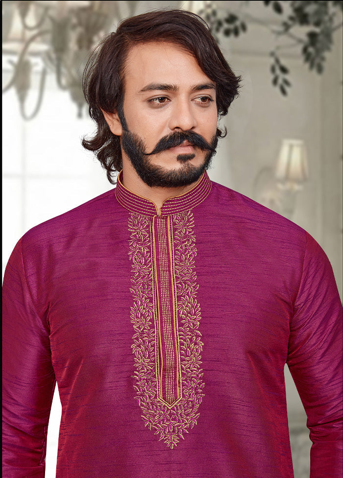 2 Pc Magenta Dupion Silk Kurta Pajama Set