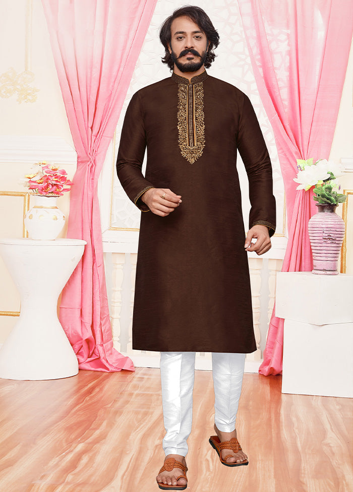 2 Pc Brown Dupion Silk Kurta Pajama Set