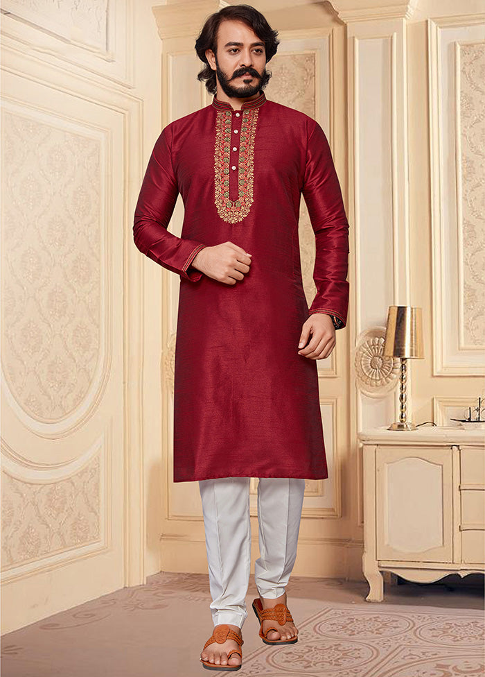 2 Pc Maroon Dupion Silk Kurta Pajama Set