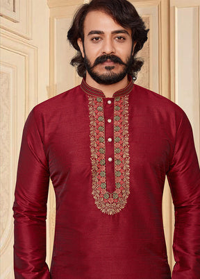 2 Pc Maroon Dupion Silk Kurta Pajama Set