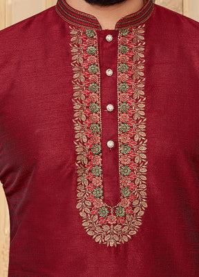 2 Pc Maroon Dupion Silk Kurta Pajama Set