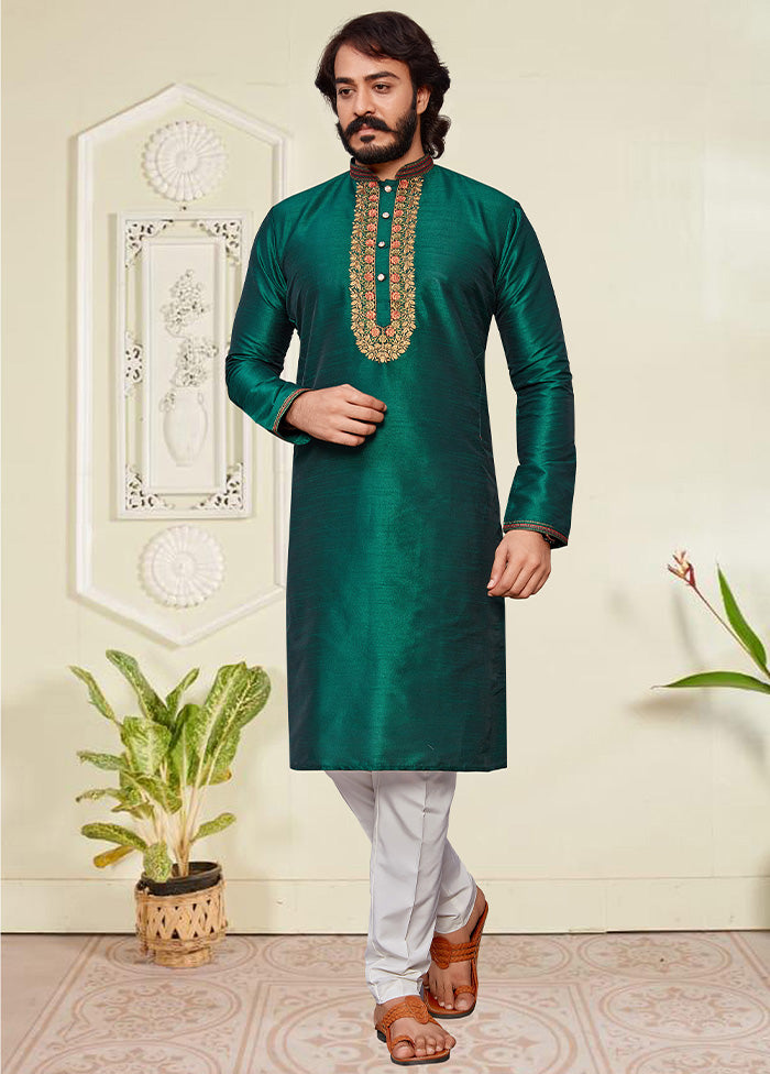 2 Pc Green Dupion Silk Kurta Pajama Set