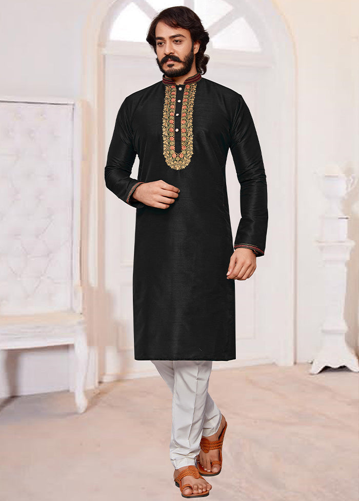 2 Pc Black Dupion Silk Kurta Pajama Set