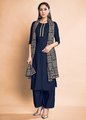 3 Pc Navy Blue Readymade Rayon Suit Set