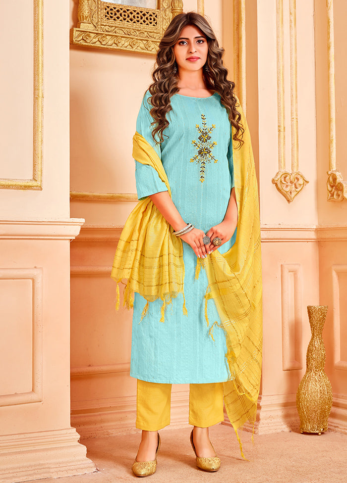 3 Pc Light Blue Readymade Cotton Suit Set