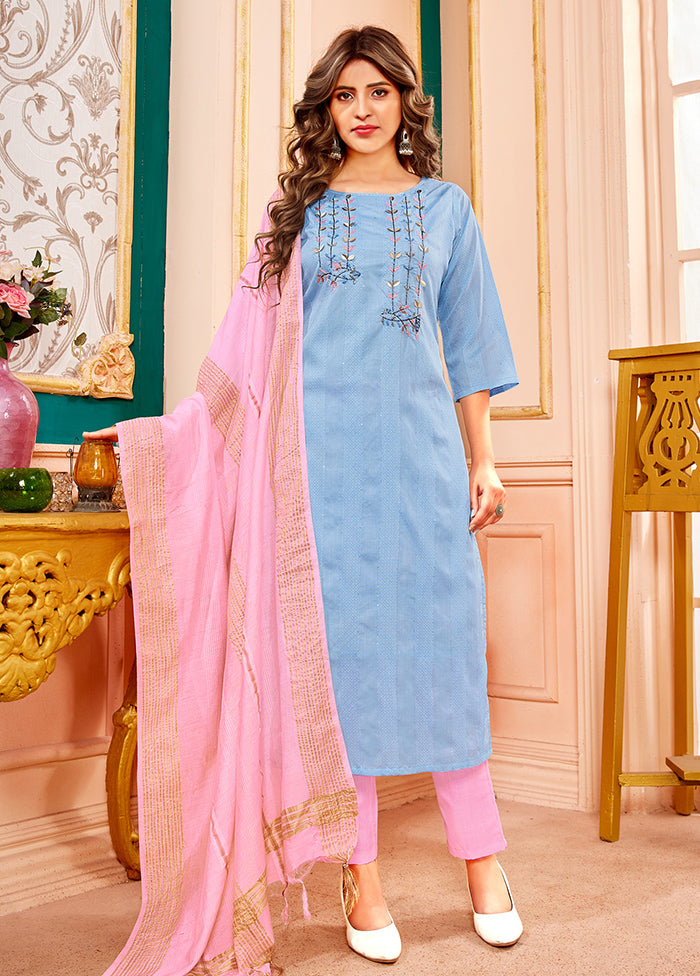 3 Pc Turquoise Readymade Cotton Suit Set