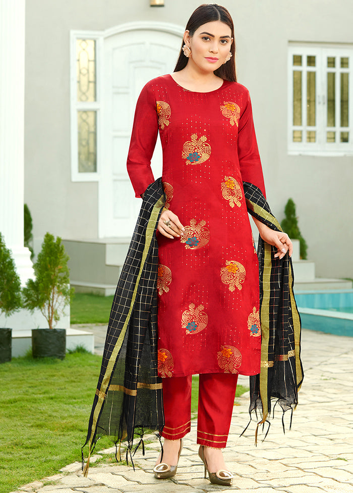 3 Pc Red Readymade Silk Suit Set