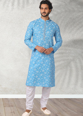 2 Pc Sky Blue Cotton Kurta Pajama Set