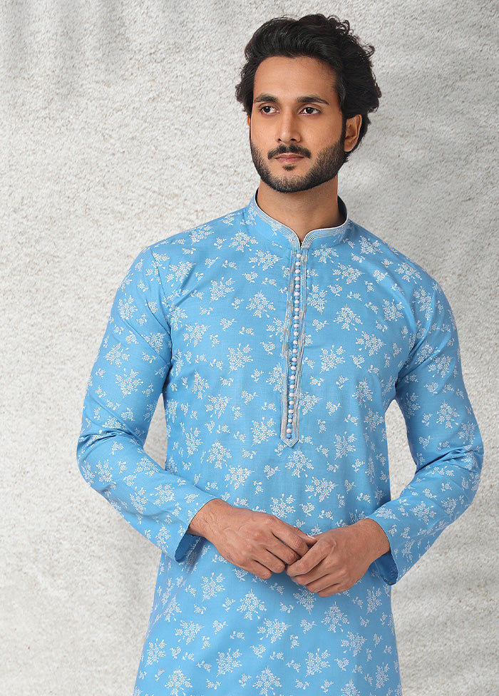 2 Pc Sky Blue Cotton Kurta Pajama Set