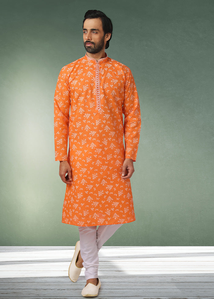 2 Pc Orange Cotton Kurta Pajama Set