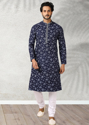 2 Pc Navy Blue Cotton Kurta Pajama Set