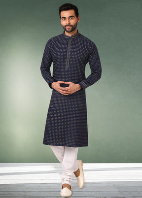 2 Pc Dark Blue Cotton Kurta Pajama Set