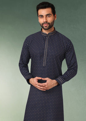 2 Pc Dark Blue Cotton Kurta Pajama Set