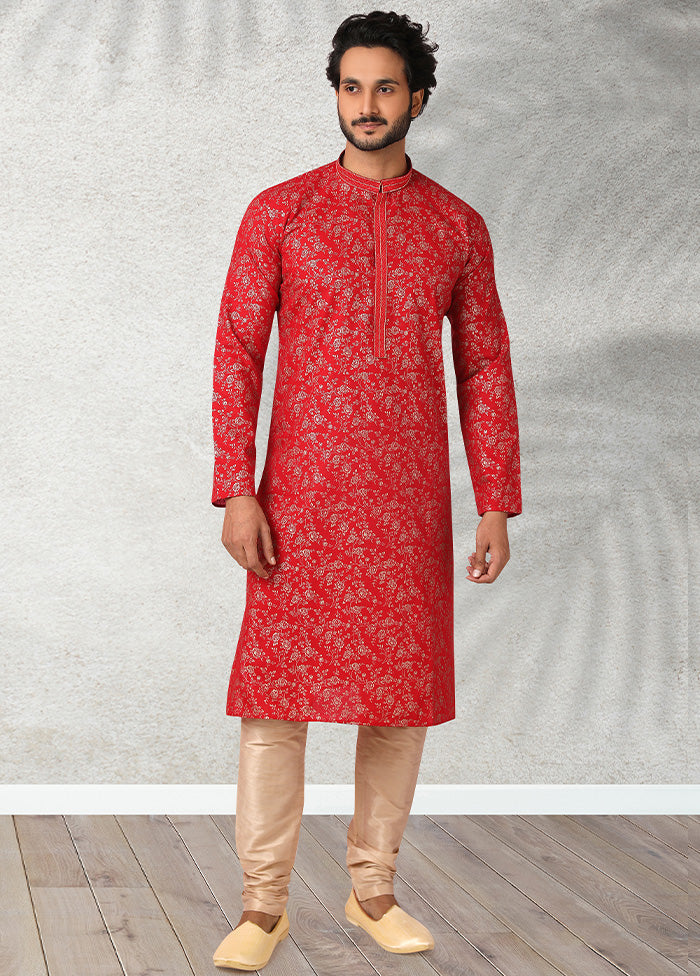 2 Pc Red Cotton Kurta Pajama Set