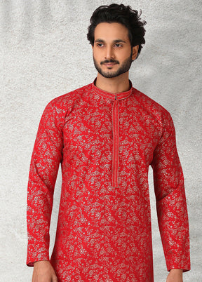 2 Pc Red Cotton Kurta Pajama Set