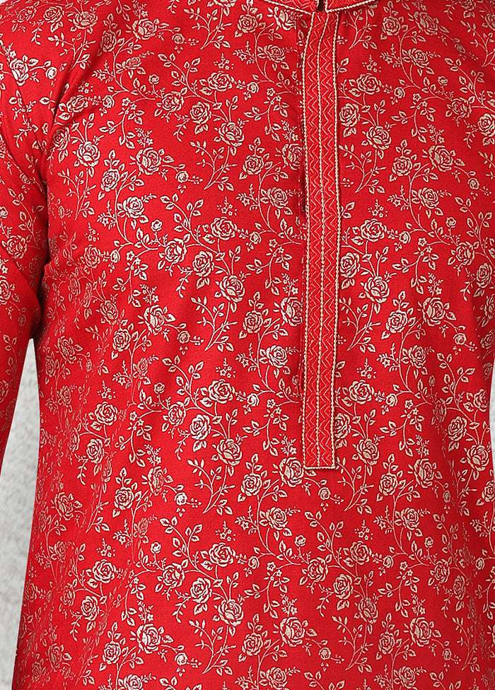 2 Pc Red Cotton Kurta Pajama Set