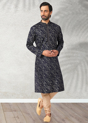 2 Pc Dark Blue Cotton Kurta Pajama Set