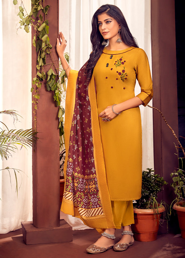 3 Pc Mustard Readymade Cotton Suit Set