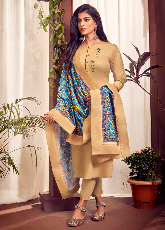 3 Pc Cream Readymade Cotton Suit Set