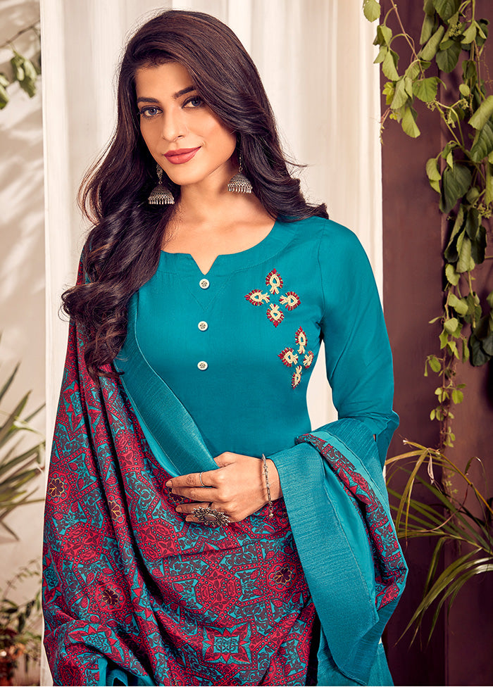 3 Pc Teal Readymade Cotton Suit Set