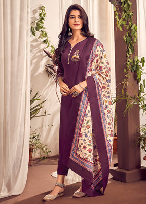 3 Pc Wine Readymade Cotton Suit Set