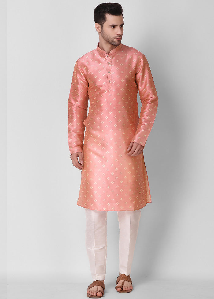 2 Pc Peach Dupion Silk Kurta Pajama Set