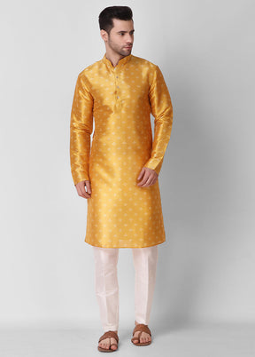 2 Pc Yellow Dupion Silk Kurta Pajama Set