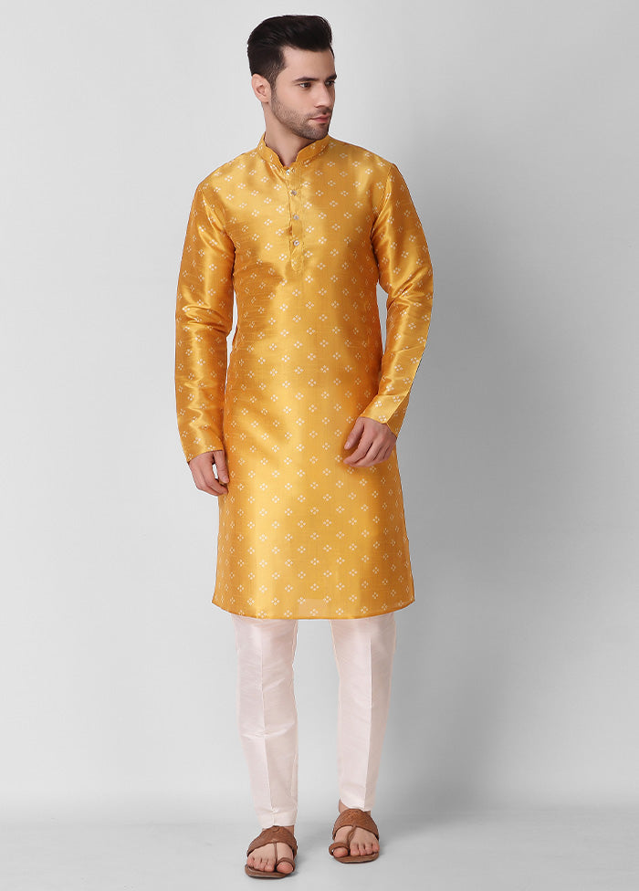 2 Pc Yellow Dupion Silk Kurta Pajama Set