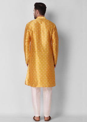 2 Pc Yellow Dupion Silk Kurta Pajama Set