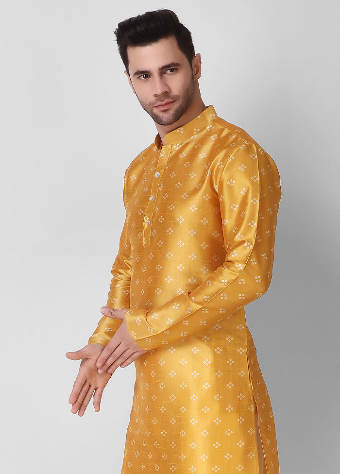 2 Pc Yellow Dupion Silk Kurta Pajama Set